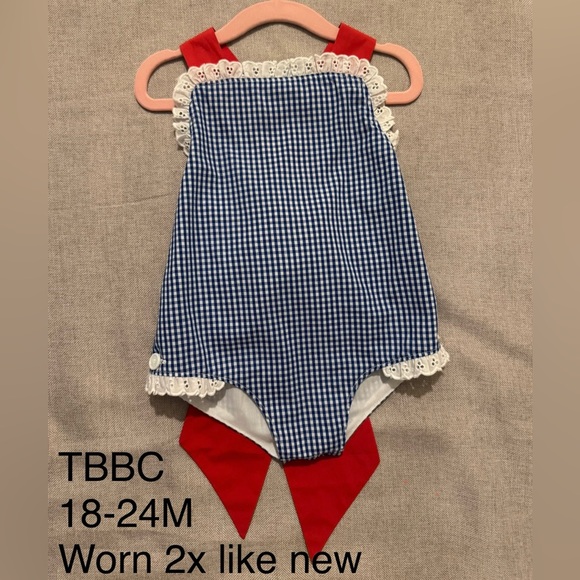 The Beaufort Bonnet Company Blue and Red Gingham Sunsuit w/ Bow